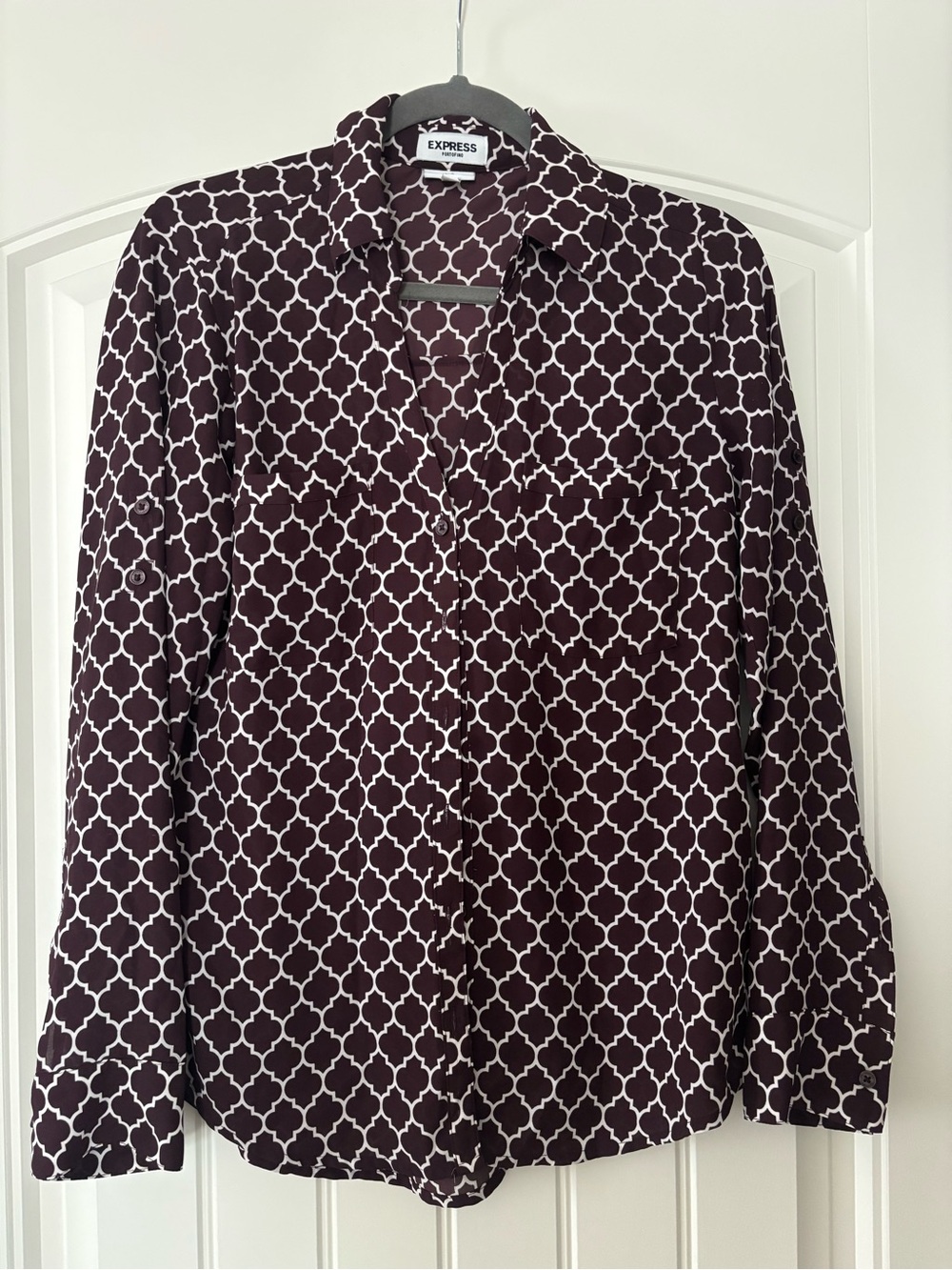 Express Maroon and White Geometric Button-Up Portofino